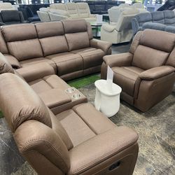 Premium Brown Recliner Living Room 3Pcs Set / Juego De 3 Piezas De Sala De Estar Reclinable Marrón D