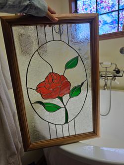 STAINED GLASS SINGLE ROSE FLOWER FRAMED WOOD PANEL