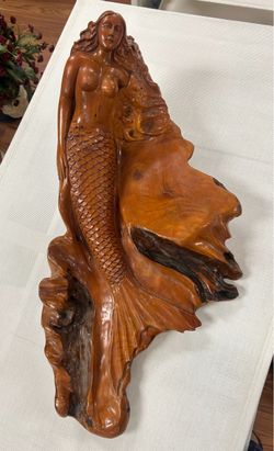 Vintage 26 inch hand carved resting mermaid Burlwood statue