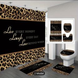 4pc Brown Leopard Shower Curtain Set, Waterproof Shower Curtain with 12 Hooks, Non-Slip Bathroom Rug, Toilet U-Shape Mat, Toilet Lid 