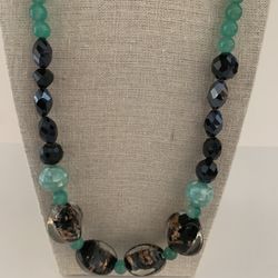 Beautiful Vintage Glass Gemstone Blue & Brown Beads Necklace 25”