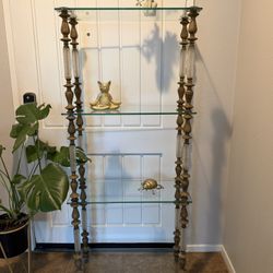 Vintage Hollywood Regency 4 Shelf Etagere Brass Glass Storage Shelves Crystal Accent 