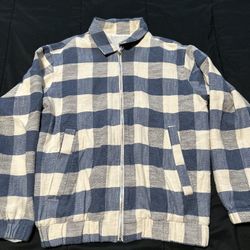 Plaid Zip-Up Jacket – Blue/Beige (Size XS) | Great Condition!
