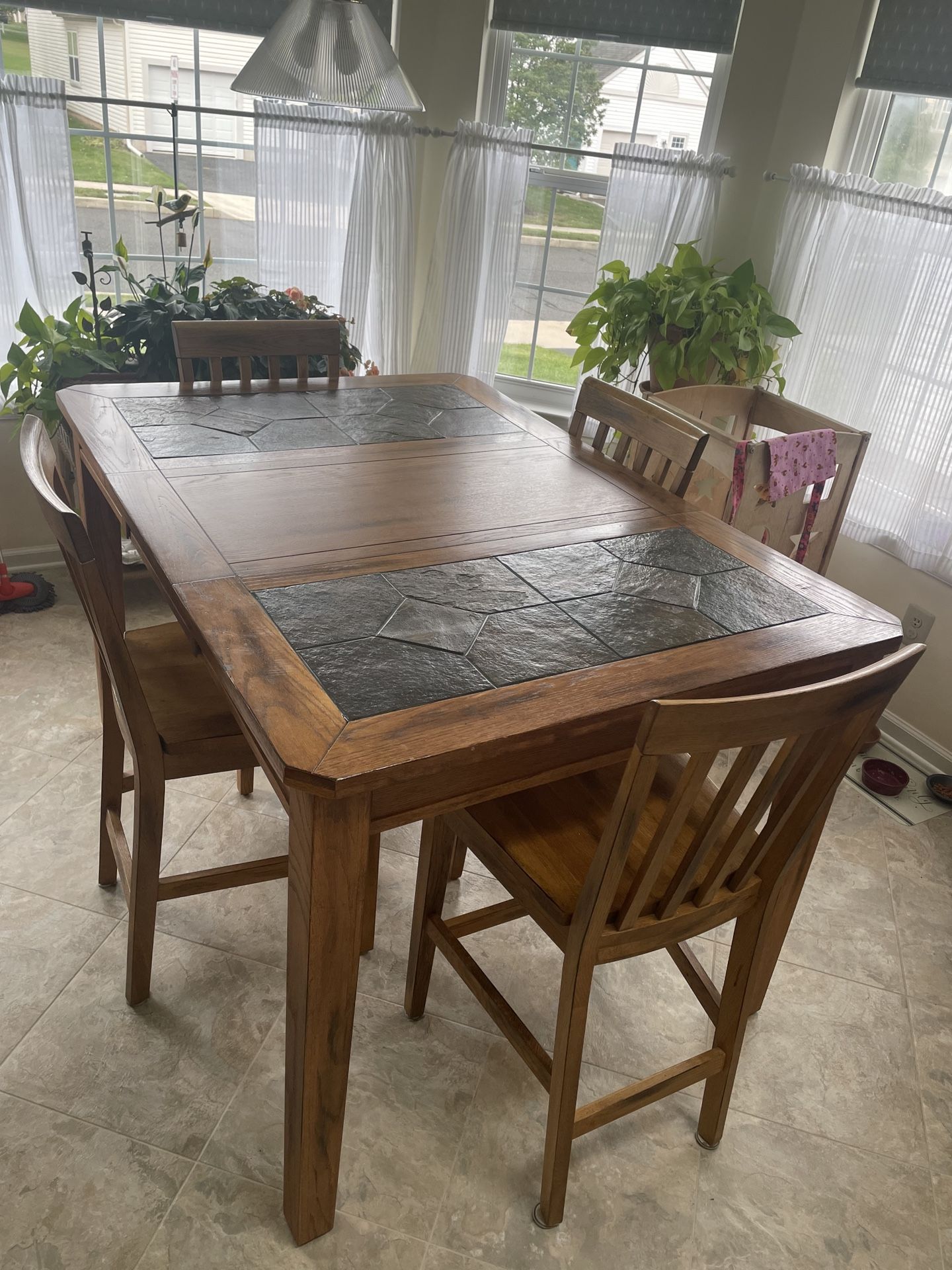 Oak Dining Table with Inlays, And 4 Chairs