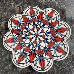 Traditional Turkish Bohemian Floral Tile Trivet 8",Ceramic Trivet,Hot Pad,Pot Holder