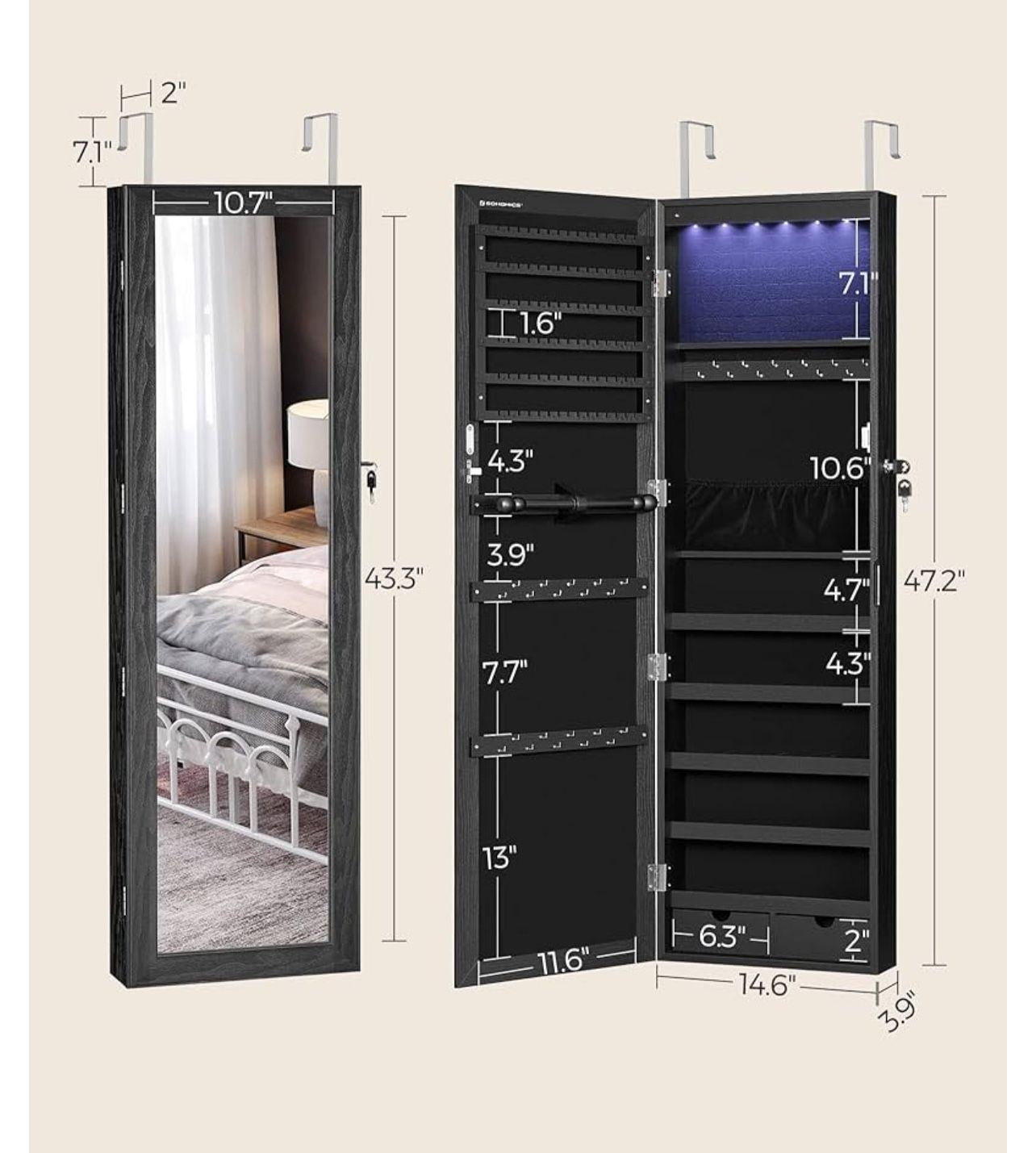 Black jewelry Cabinet LED Lighting And Lock