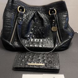 BRAHMIN Black Selma Croc Embossed Leather Pleated Shoulder Tote Bag Top Zipper