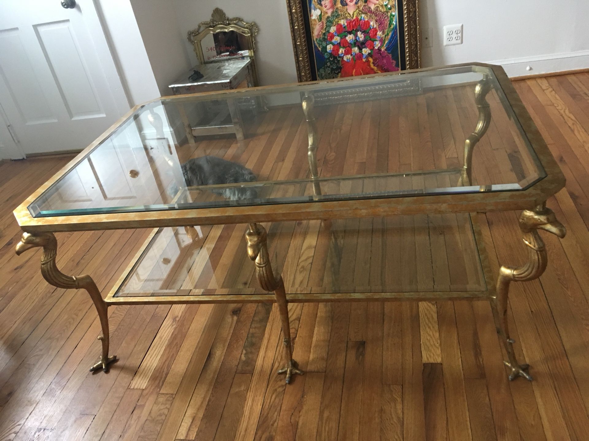 Very rare and unique glass coffee table with birds as the legs!