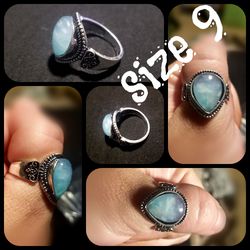 Blue Vintage style .925 silver fire opal moonstone gemstone ring size 9.