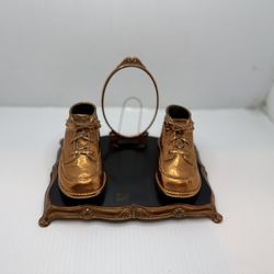 Vtg Bronze Copper Tone Newborn Infant Baby Boy Shoes w Photo Frame On Base Decor