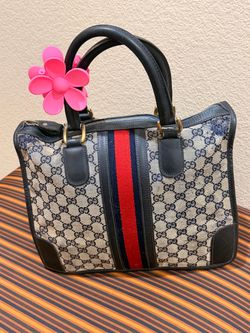 Vintage 1970s/80s Gucci Blue GG Supreme Monogram Web Stripe Top Handle Bag  Gucci beige and black GG monogram canvas with red, blue, and black stripe 