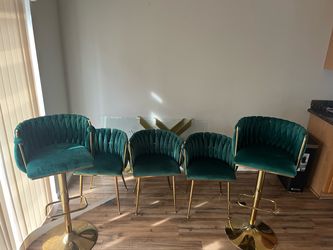 Set of 5 Green Velvet Bar Stools with Gold Base and glass table