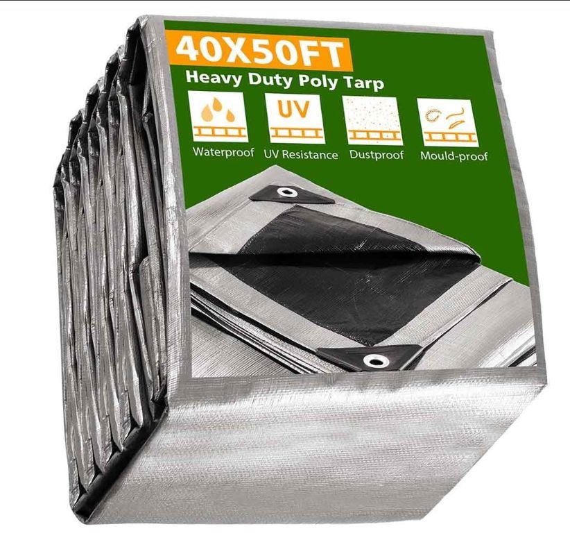 40'x50' Heavy-Duty Poly Tarp Reinforced Canopy, Silver - All Weather Protection Cover - Halloween Sale