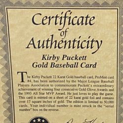 Kirby Puckett 24 Karat Baseball Card Limited Edition 
