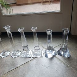 Three Pairs Of Crystal Glass Candle Holders