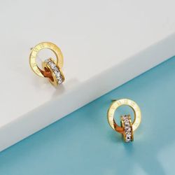 Brand New Elegant 14K Gold Plated Rhinestone Roman Numeral Earrings