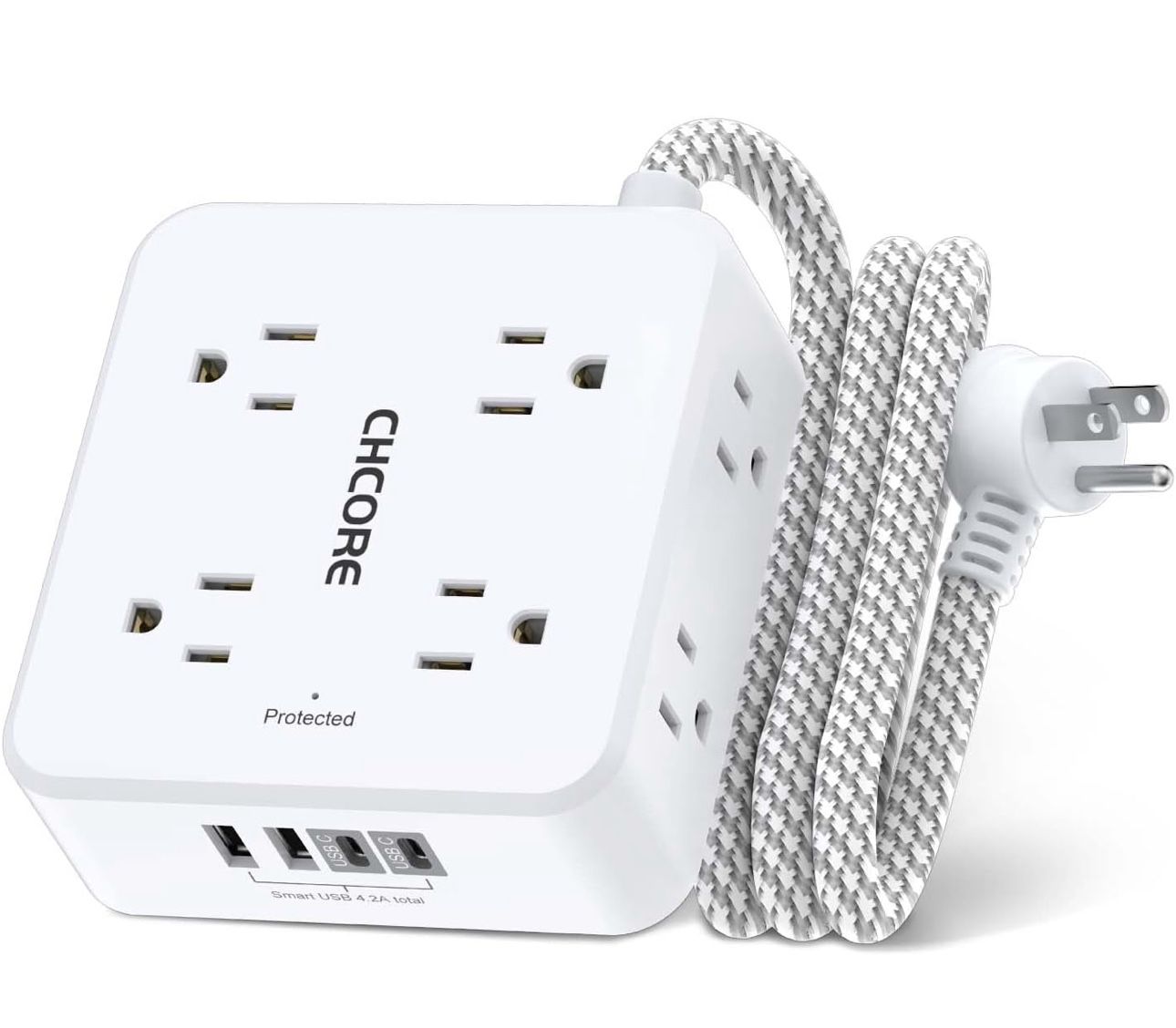 New Surge Protector Power Strip - CHCORE 5Ft Braided Extension Cord with 8 Outlets with 4 USB (2 USB C) Charging Ports, Flat Plug Multi Plug Outlet Ex