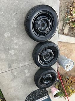 Steelies & Tires. (3) 195/65/15 (1) 205/65/15 Fitment 5x114.3 (4 Tires total!)