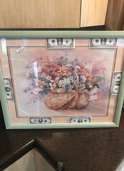 Framed picture of basket of flowers