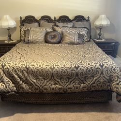 California King Bed Frame Mattress 2 Side Chests 4 Sets Sheets Decorative Pillows Mirrored Dresser