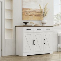 42.5'' Kitchen Buffet Sideboard Cabinet, 3 Drawers Farmhouse Coffee Bar Storage Cabinet with Adjustable Shelf, White