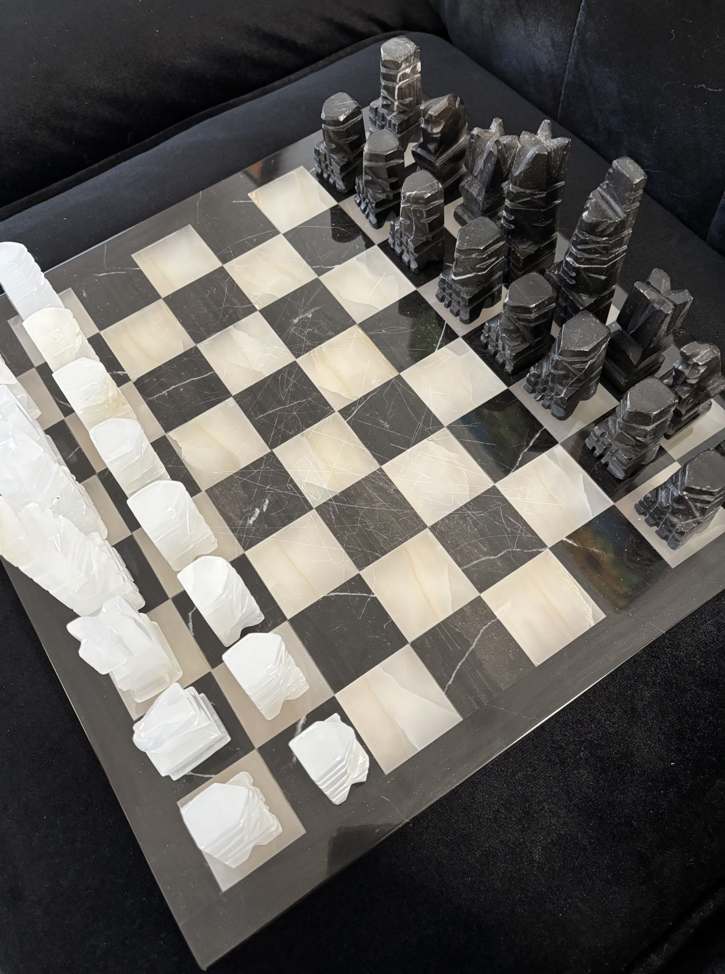 Marble Chess Board, All Pieces, 14-1/2”x14-1/2”, Great Condition