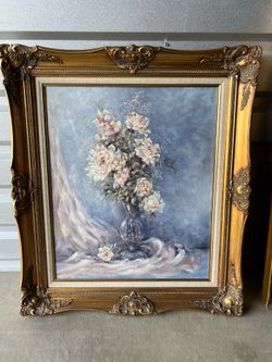 Vintage 31" Framed Floral Oil Art – "Roses in Vase" by Sue Ratcliff