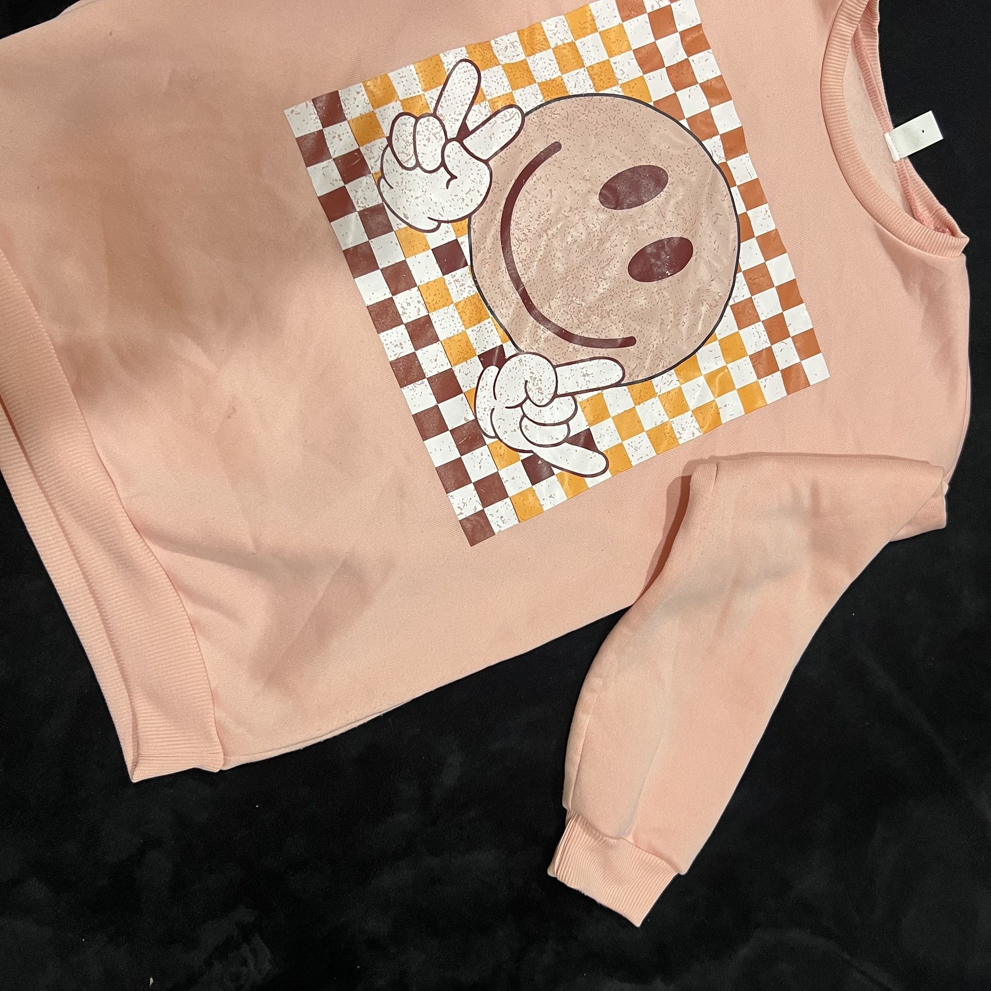 Fall Color Theme Women Sweater Checker Pattern Smiling Face Peace Sign