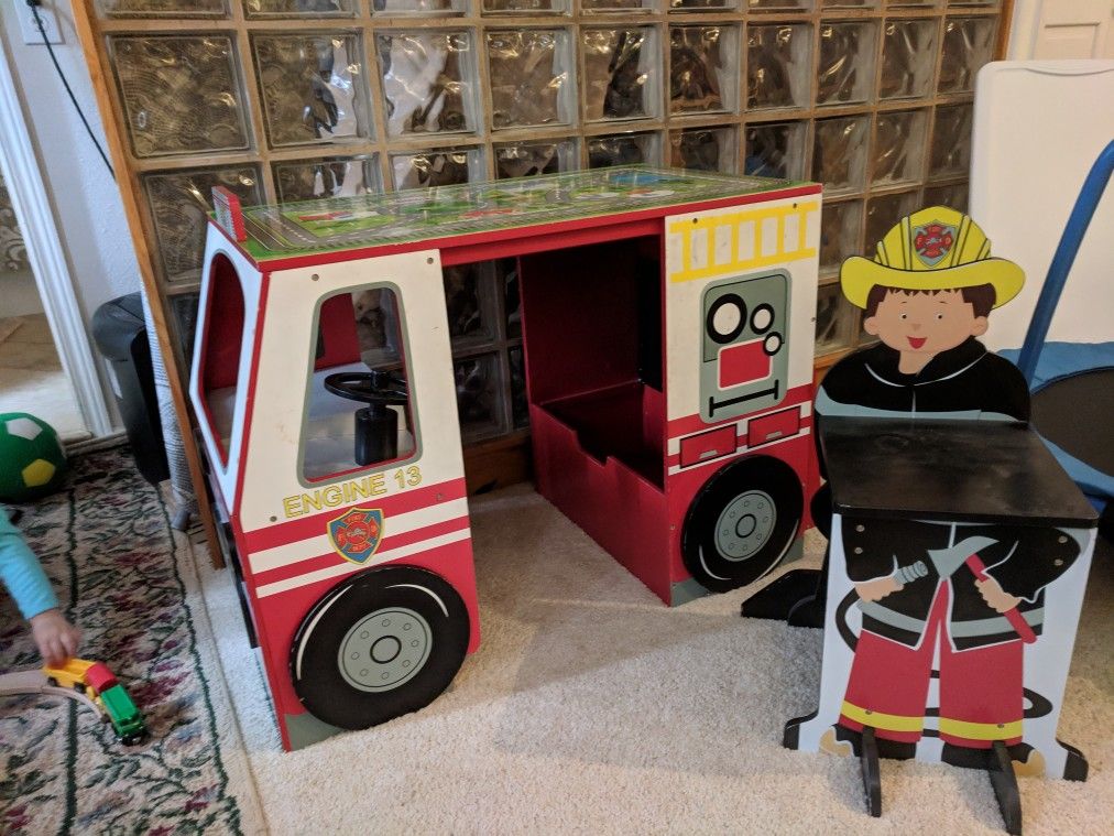 Children's fire truck play set with stool.