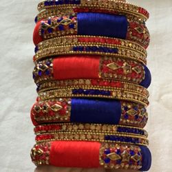 INDIAN HANDMADE SILK/ THREAD RHINESTONE WORK/ BANGLES/ MULTI-COLOR 2*8