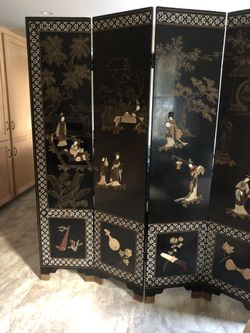Mother of Pearl 3 Panel Black Lacquered Solid Wood Room Divider (Set of 2) $550