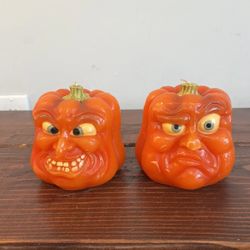 Pumpkin Candle Anthropomorphic Jack-O-Lantern Halloween Face Wax Pair Set 2 New