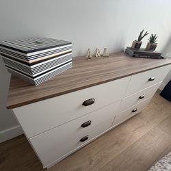 Modern 6 Drawer Dresser White & Wood Top Storage Chest