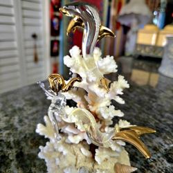 Glass DOLPHIN&MERMAID Sculpture Mounted On Coral Base By Artist MELANIE CECH 7"
