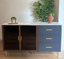 Modern Fluted Sideboard Credenza | Glass Doors | Gold Hardware | 60”