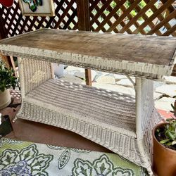 vintage wicker and wood table 