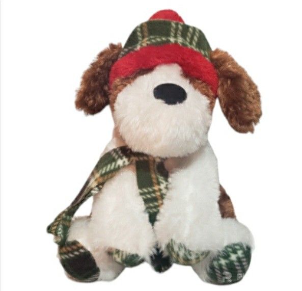 plush stuffed animal dog w/ winter green plaid hat & scarf 12" Gentle Treasures