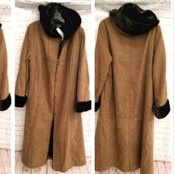 Vintage UteX long suede coat with brown fur lining and trim hooded size p small