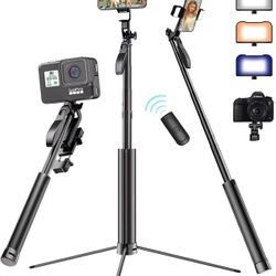 67" Metal Phone Tripod, Selfie Stick Tripod for iPhone with Remote 360° Rotating Balance Handle Phone Stand Tripod with RGB Light, Compatible with iPh