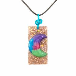 Multicolored moon and gold opalescent glitter pendant on black cord necklace new