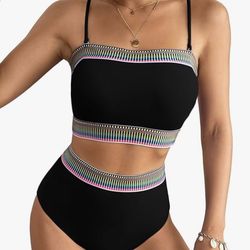 Two Piece Bandeau Black Bikini Swimsuit Off Shoulder Cheeky High Waisted Tummy Control Bathing Suits