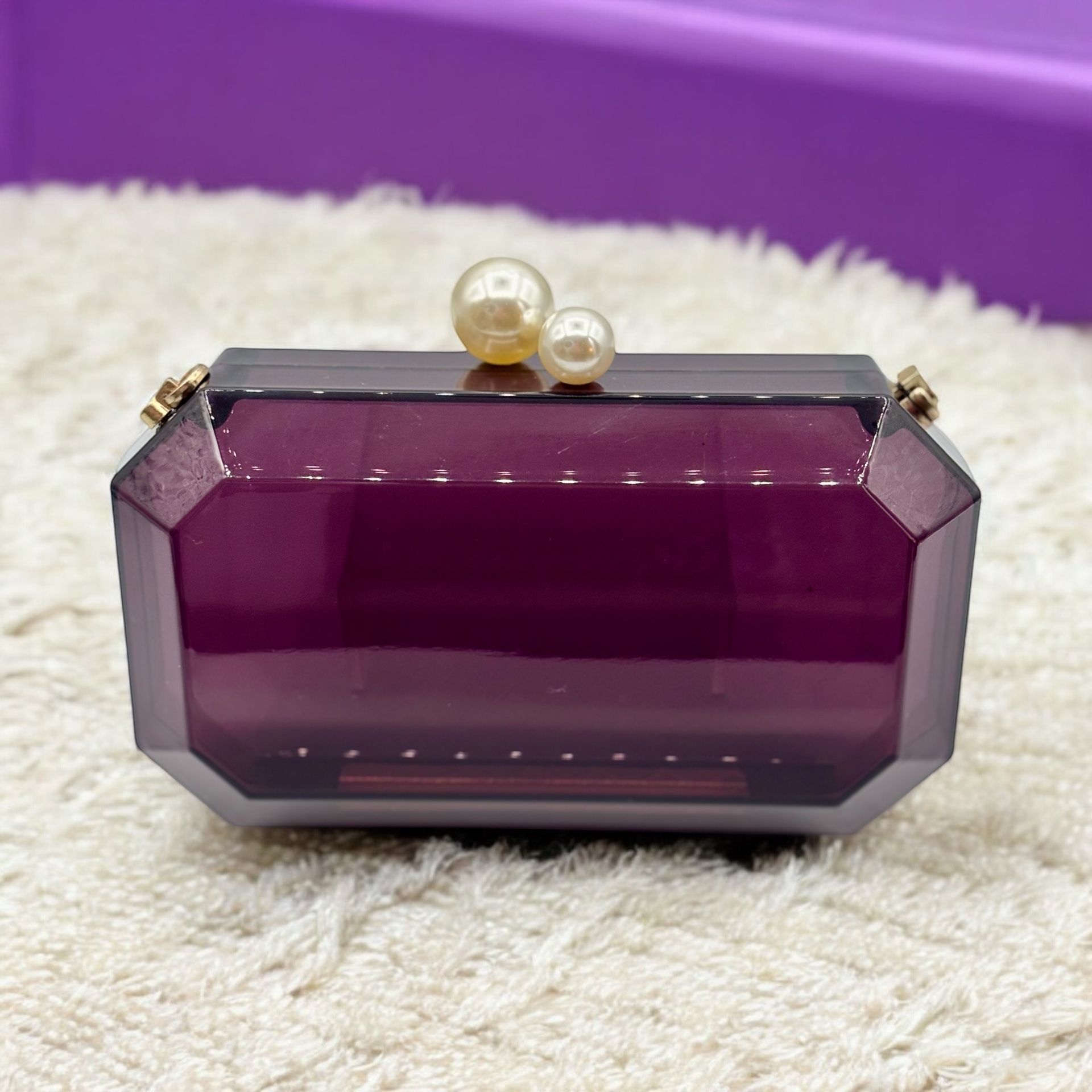 Purple acrylic clutch With Pearl Strap Chain