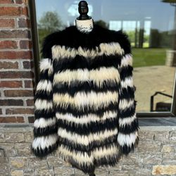 Black And White Finnish Raccoon Fur Bomber Jacket L/XL Unisex Dyed