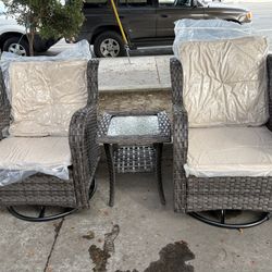 3-Piece Swivel Rocking Rattan Chair Outdoor, Patio Bistro Furniture Conversation Set, Cushioned Wicker Chair with Glass Side Table,Grey & Beige