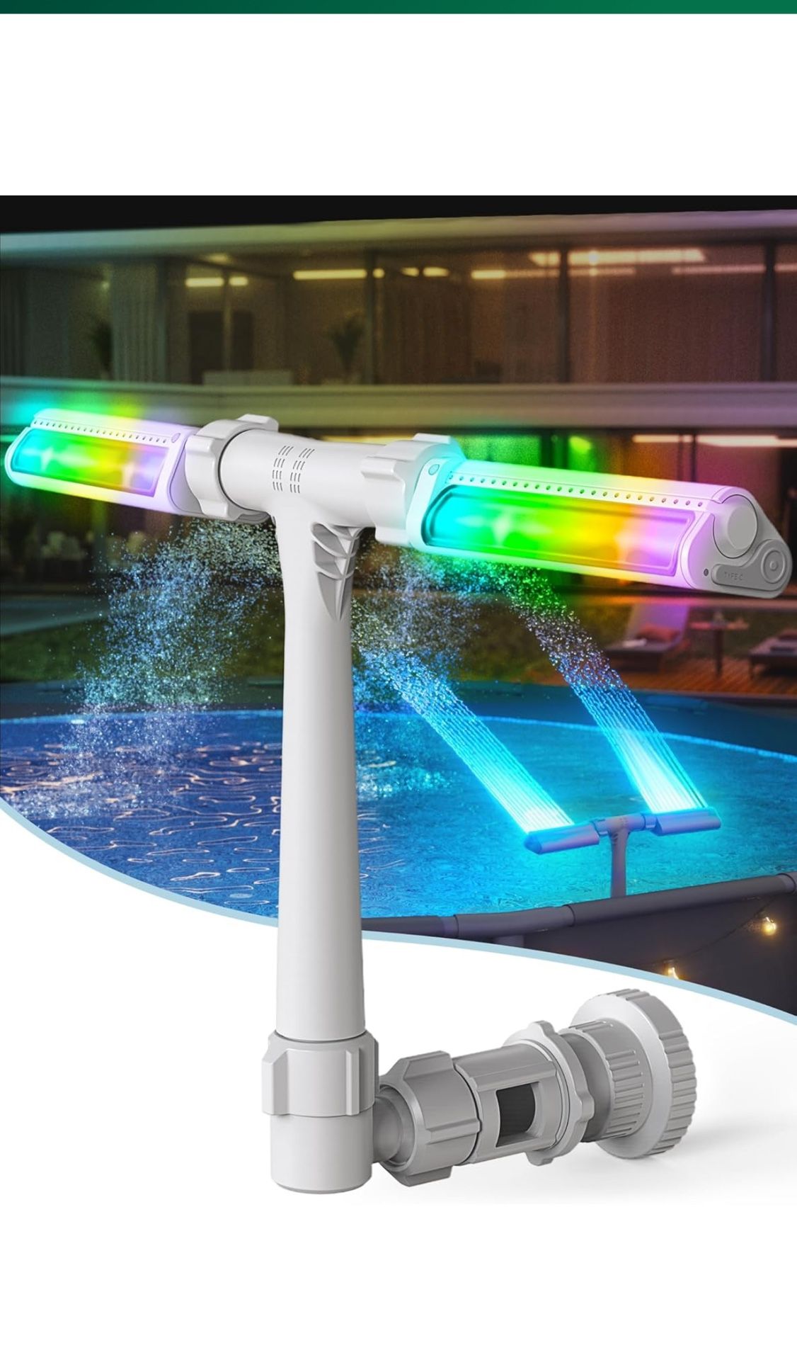 Pool Fountain with 7-Color LED Lights, Above/Inground Pool Fountain Lights with Remote Control, Adjustable Pool Sprinkler Fountain with Dual Spray Hea