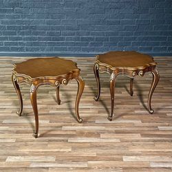 Pair of French Provincial Style Walnut Side Tables w/ Gilt Painted Carved Accent, c. 1960's - Delivery Available 