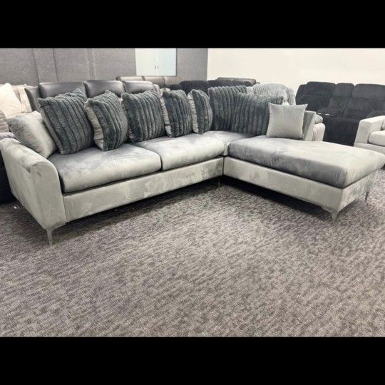 😍Brand New Grey Velvet L-Shape Sectional Sofa with Pillows | Pay After Delivery 🚚