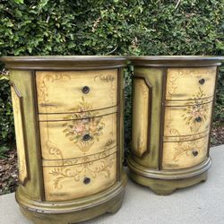 Pair of Vintage Hand-Painted Oval 3-Drawer Nightstands (Maitland-Smith)