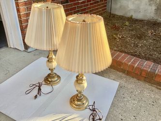 2 Vtg. Stiffel Table Lamps 30” Tall Brass Creamy White Enamel