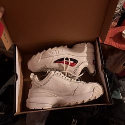 Fila Disruptor II Premium in a white, navy, and red colorway 